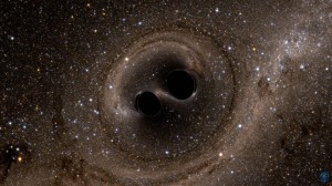 A computer simulation shows the collision of two black holes, a tremendously powerful event detected for the first time ever by the Laser Interferometer Gravitational-Wave Observatory, or LIGO. Image credit: SXS