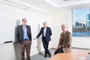 Joshua Angrist, David Autor, Parag Pathak are professors and directors of the School Effectiveness and Inequality Initiative in MIT's Department of Economics at MIT in Cambridge, Massachusetts, USA. They are seen here in the offices of the Department of Economics in MIT Building E52.