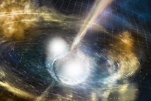 Artist’s illustration of two merging neutron stars. In August 2017, scientists directly detected both gravitational waves and light from such a collision. The discovery was made using LIGO, the Europe-based Virgo detector, and some 70 ground- and space-based observatories. Image: National Science Foundation/LIGO/Sonoma State University/A. Simonnet
