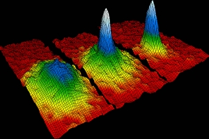 Bose-Einstein condensate. The graphic shows three-dimensional successive snap shots in time in which the atoms condensed from less dense red, yellow and green areas into very dense blue to white areas.