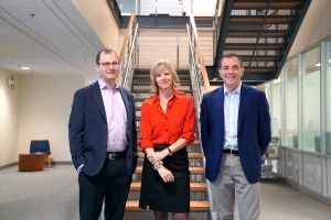 The leaders of MIT’s new Task Force on the Work of the Future, from left: David Mindell, Elisabeth Reynolds, and David Autor. Photo: Melanie Gonick