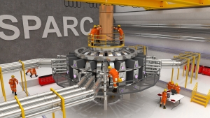 Visualization of the proposed SPARC tokamak experiment. Using high-field magnets built with newly available high-temperature superconductors, this experiment would be the first controlled fusion plasma to produce net energy output. Visualization by Ken Filar, PSFC research affiliate