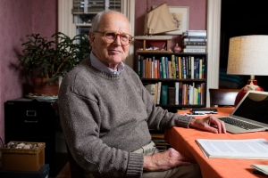 Rainer Weiss at home early this morning, after learning that he has won the 2017 Nobel Prize in physics. Photo: M. Scott Brauer