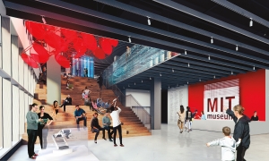 As shown in this artist’s rendering, the new home for the MIT Museum will feature a grand lobby that welcomes visitors and provides seating for events. Image: Höweler+Yoon
