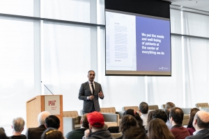 Mathai Mammen, head of R&D at the Janssen Pharmaceutical Companies of Johnson & Johnson, was the keynote speaker at the Jameel Clinic's AI Powered Drug Discovery and Manufacturing Conference in February. Photo: Rachel Wu