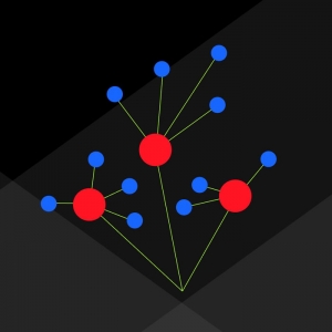 Illustration showing interconnected blue and red bots