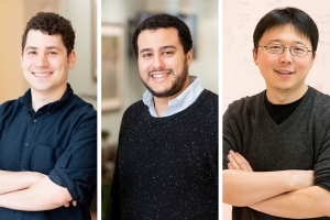 McGovern Institute Fellows Jonathan Gootenberg (far left) and Omar Abudayyeh and have developed a CRISPR research tool to detect Covid-19 with McGovern Investigator Feng Zhang (far right).