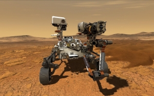 This artist’s rendering shows the NASA’s Perseverance rover in action exploring the Jezero Crater on Mars. With MIT’s help, Perseverance will dig deeper into questions about life on the Red Planet than ever before.