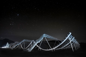 The large radio telescope CHIME, pictured here, has detected more than 500 mysterious fast radio bursts in its first year of operation, MIT researchers report. Image: Courtesy of CHIME