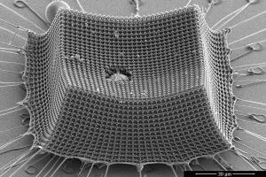 Engineers at MIT, Caltech, and ETH Zürich find “nanoarchitected” materials designed from precisely patterned nanoscale structures (pictured) may be a promising route to lightweight armor, protective coatings, blast shields, and other impact-resistant materials. Image: Courtesy of the researchers