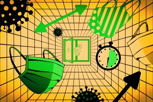 Illustration of covid virus, face masks, and clocks. Image: MIT News/iStock
