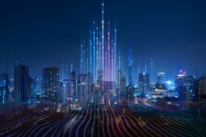 Smart city and abstract dot point connect with gradient line and aesthetic Intricate wave line design, big data connection technology concept.
