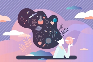 Illustration of a person against a pastel-colored sky background. They are balancing a globe in their hand and scientific symbols float above their head, representing the idea of innovation.