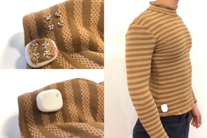 Showing examples of how "Mechanically adaptive” electronics can be embedded into a sweater.