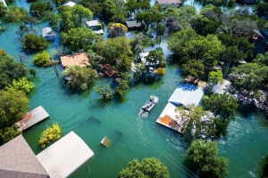 Overhead image of a small village flooded with water