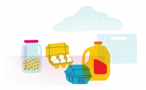 illustration of eggs, juice, packaged foods