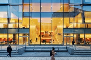 A photograph of the exterior of the new MIT Schwarzman College of Computing