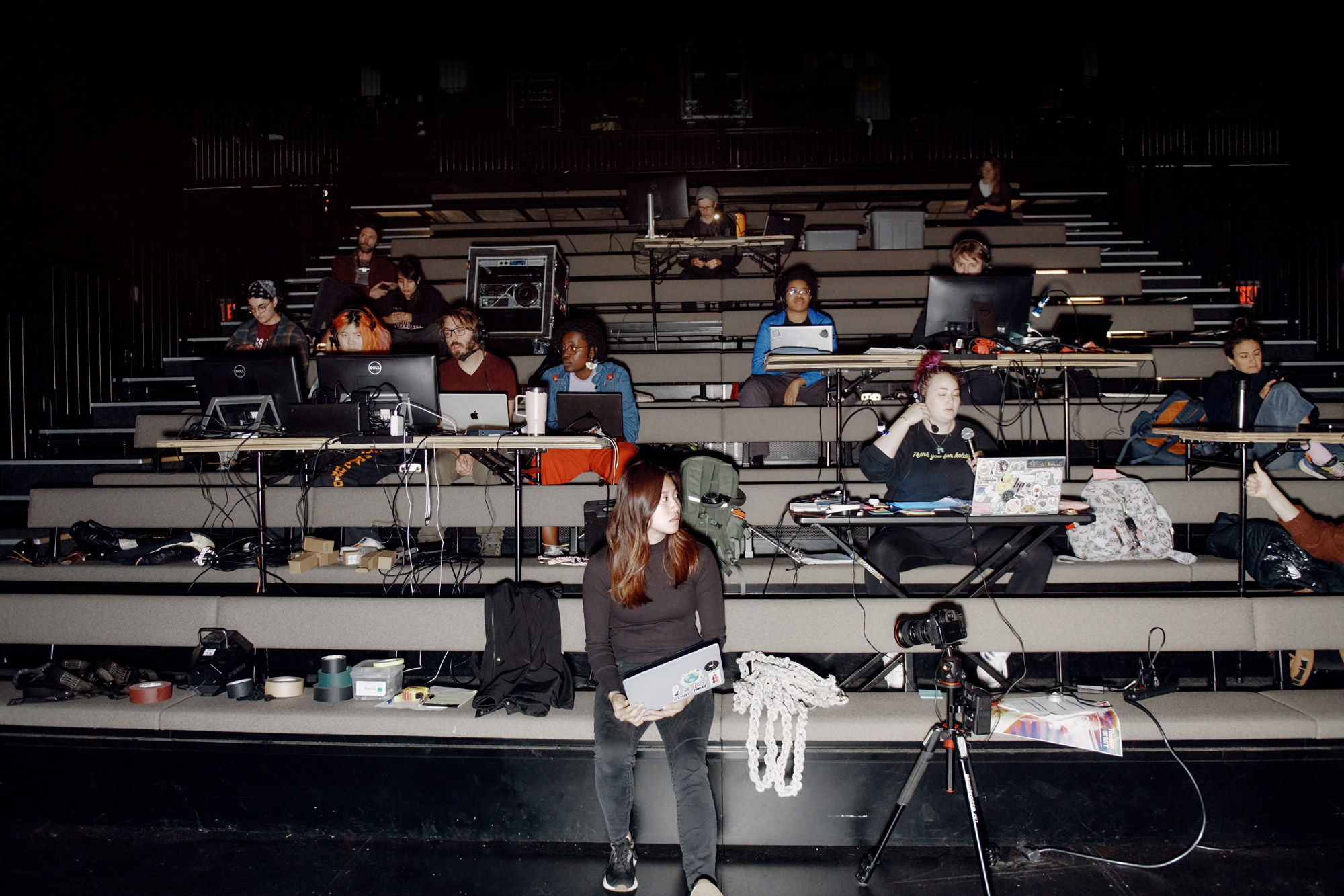 MIT students monitor A/V during a technical run-through of La Vida es Sueño (Life Is a Dream)